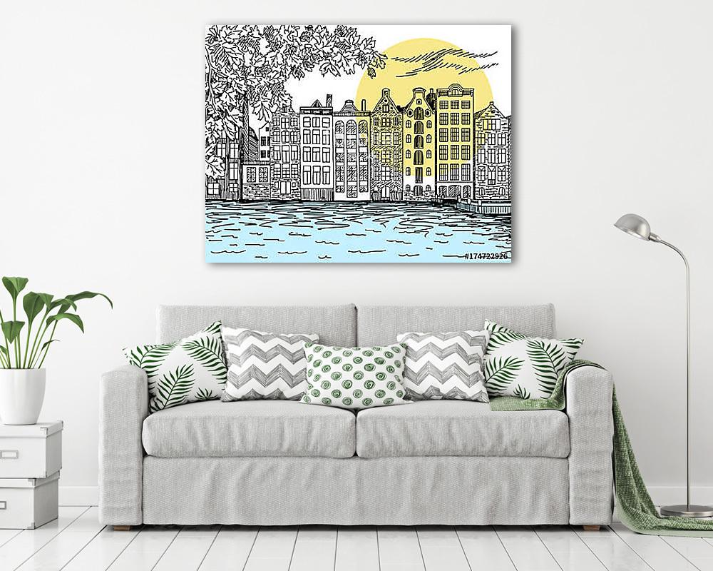 Amszterdam vektor vonal illusztráció - vászonkép, falikép vásárlás Amszterdam vektor vonal illusztráció (fotótapéta) - vászonkép, falikép otthonra és irodába