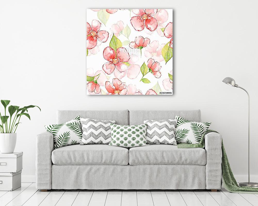 Floral seamless pattern. Watercolor background with red flowers (poszter) - vászonkép, falikép otthonra és irodába