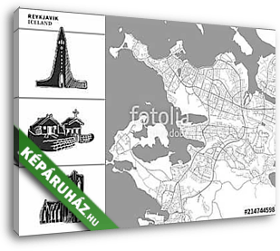 Reykjavik city map with hand-drawn architecture icons - vászonkép 3D látványterv