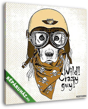 Portrait of a dog wearing the retro motorcyclist helmet and neck - vászonkép 3D látványterv