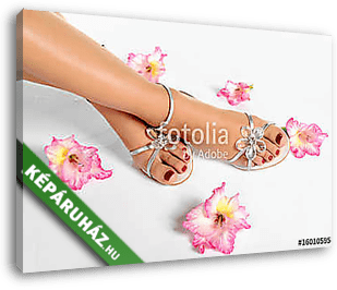 Beautiful woman legs with red manicure on the feet and flowers - vászonkép 3D látványterv Beautiful woman legs with red manicure on the feet and flowers - vászonkép 3D látványterv