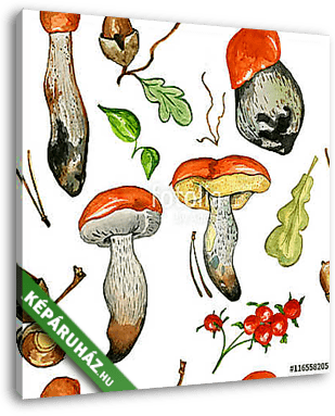 Seamless pattern with wild mushrooms. Hand drawn watercolor pain - vászonkép 3D látványterv