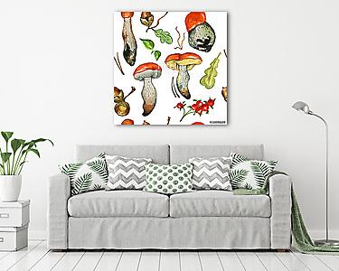 Seamless pattern with wild mushrooms. Hand drawn watercolor pain (vászonkép) - vászonkép, falikép otthonra és irodába