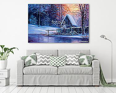 Téli erdő kisházzal (olajfestmény reprodukció) (vászonkép) - vászonkép, falikép otthonra és irodába