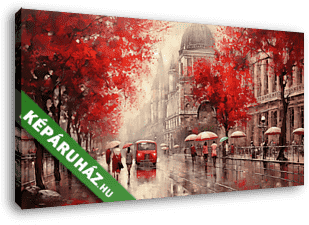 Budapest utcakép őszi esős időben esernyővel sétáló emberekkel 2. (festmény effekt) - vászonkép 3D látványterv