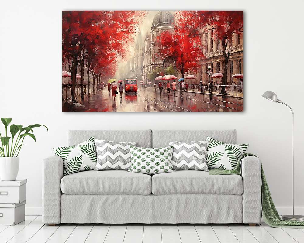 Budapest utcakép őszi esős időben esernyővel sétáló emberekkel 2. (festmény effekt) (bögre) - vászonkép, falikép otthonra és irodába