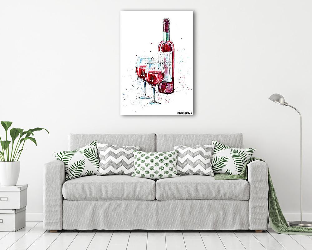 Vörösbor, két pohárral (vízfesték) (vászonkép) - vászonkép, falikép otthonra és irodába