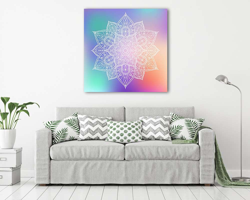 White flower hand drawn mandala on colorful background. Vintage  (fotótapéta) - vászonkép, falikép otthonra és irodába