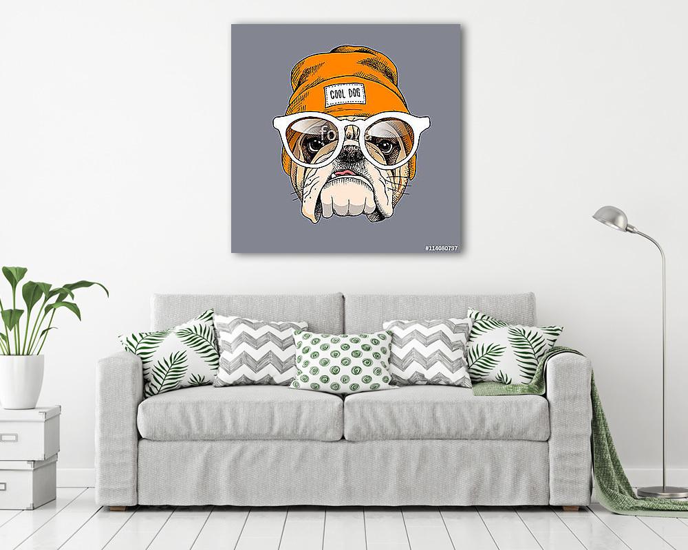 Bulldog portrait in a hipster hat and with glasses. Vector illus - vászonkép, falikép vásárlás Bulldog portrait in a hipster hat and with glasses. Vector illus (vászonkép) - vászonkép, falikép otthonra és irodába