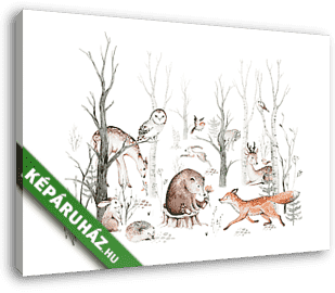 Erdei állatok a téli erdőben grafika - vászonkép 3D látványterv