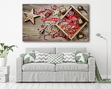 Karácsonyi dekoráció rusztikus fa háttéren. Retro stílus (vászonkép) - vászonkép, falikép otthonra és irodába