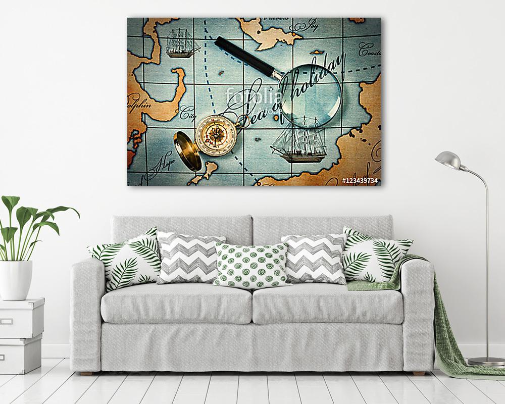 nagyító és iránytű a térképen (vászonkép) - vászonkép, falikép otthonra és irodába