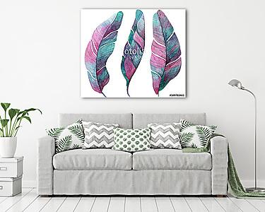 Watercolor illustration with palm pink and lilac leaves. (vászonkép) - vászonkép, falikép otthonra és irodába