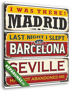 Unique retro tin sign collection with cities in Spain - vászonkép 3D látványterv