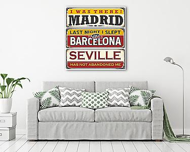 Unique retro tin sign collection with cities in Spain (vászonkép) - vászonkép, falikép otthonra és irodába