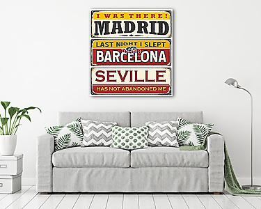 Unique retro tin sign collection with cities in Spain (vászonkép) - vászonkép, falikép otthonra és irodába