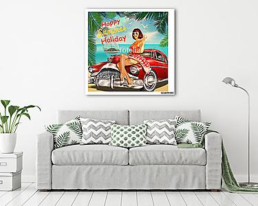 Vintage vacation background with pin-up girl and retro car. (vászonkép) - vászonkép, falikép otthonra és irodába