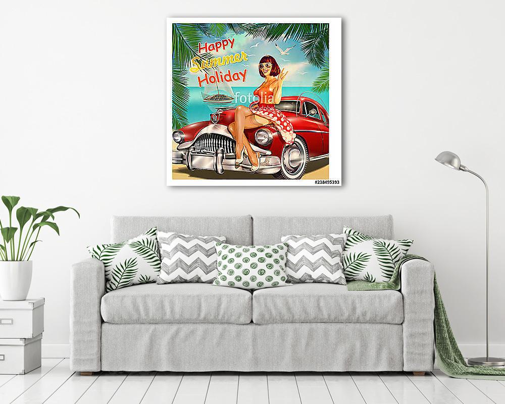 Vintage vacation background with pin-up girl and retro car. - vászonkép, falikép vásárlás Vintage vacation background with pin-up girl and retro car. (fotótapéta) - vászonkép, falikép otthonra és irodába