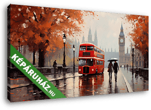 Londoni utcakép Big bennel és emeletes busszal esőben 1. (festmény effekt) - vászonkép 3D látványterv