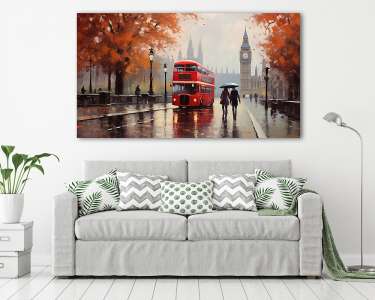 Londoni utcakép Big bennel és emeletes busszal esőben 1. (festmény effekt) (vászonkép) - vászonkép, falikép otthonra és irodába
