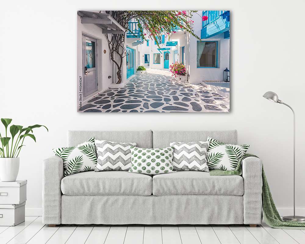Görög utcarészlet Santorini szigetén (többrészes kép) - vászonkép, falikép otthonra és irodába