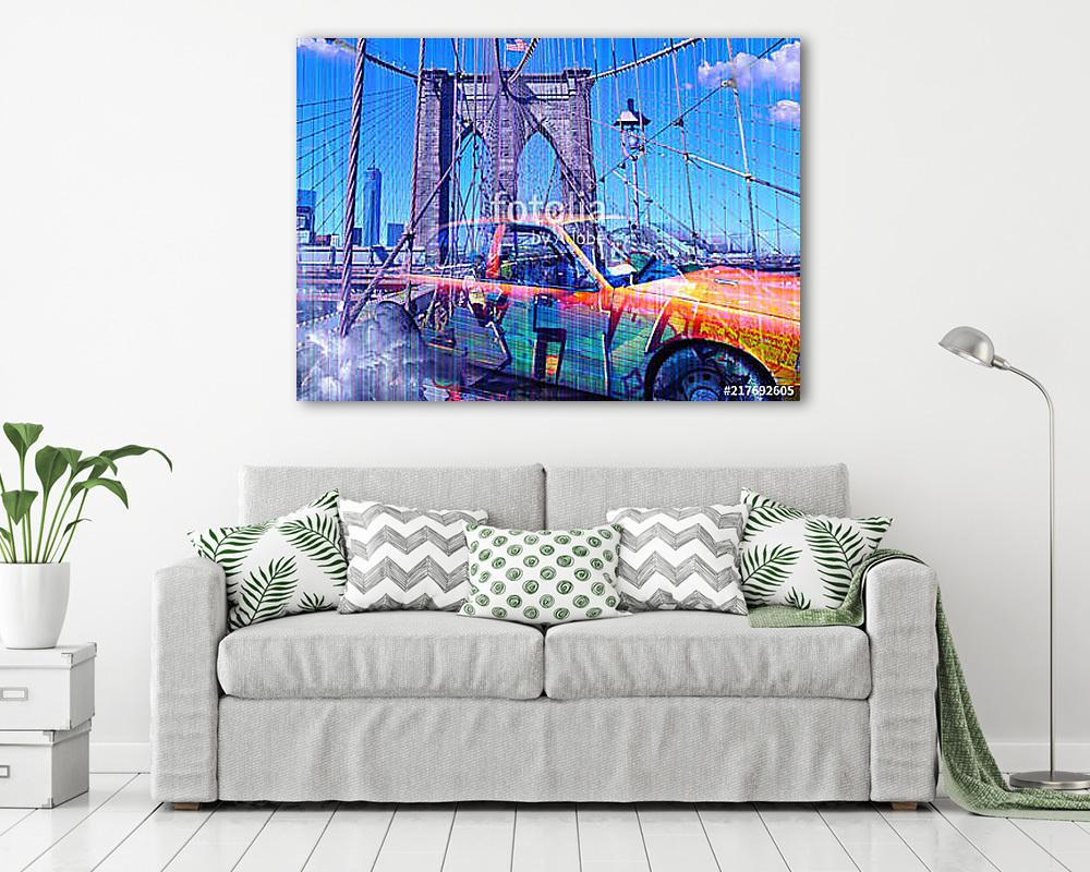 Yellow cab and the Brooklyn bridge - blue (fotótapéta) - vászonkép, falikép otthonra és irodába