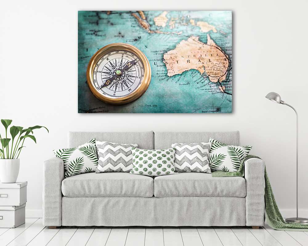 Régi térkép, türkiz színnel, iránytűvel (többrészes kép) - vászonkép, falikép otthonra és irodába