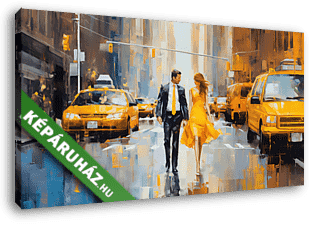 New York-i utca elegáns párral és sárga taxikkal (festmény effekt) - vászonkép 3D látványterv
