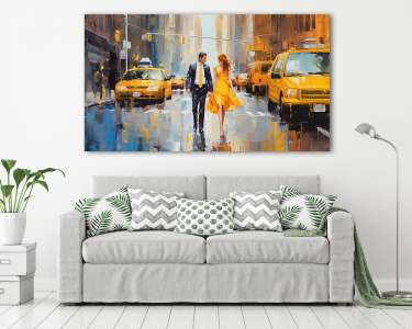 New York-i utca elegáns párral és sárga taxikkal (festmény effekt) (vászonkép) - vászonkép, falikép otthonra és irodába