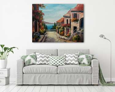Mediterán utcakép tengeri kilátással (festmény) (vászonkép) - vászonkép, falikép otthonra és irodába