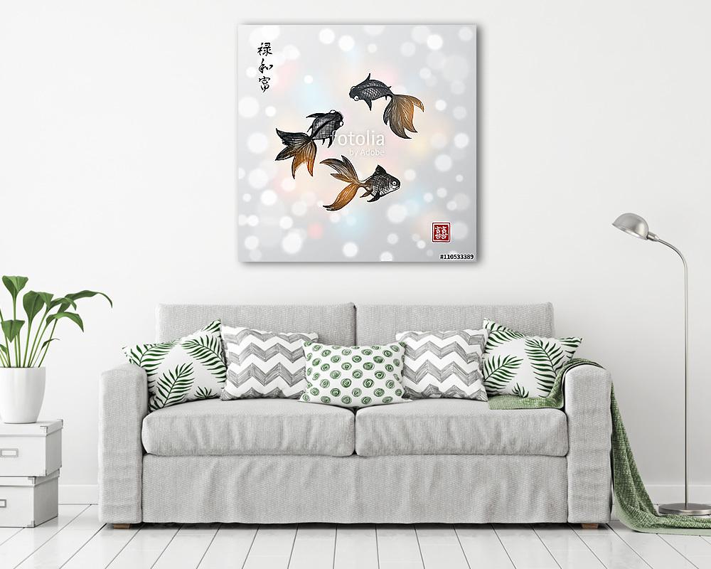Három aranyhal és vörös nap. Hieroglyfit tartalmaz - kétszer (fotótapéta) - vászonkép, falikép otthonra és irodába
