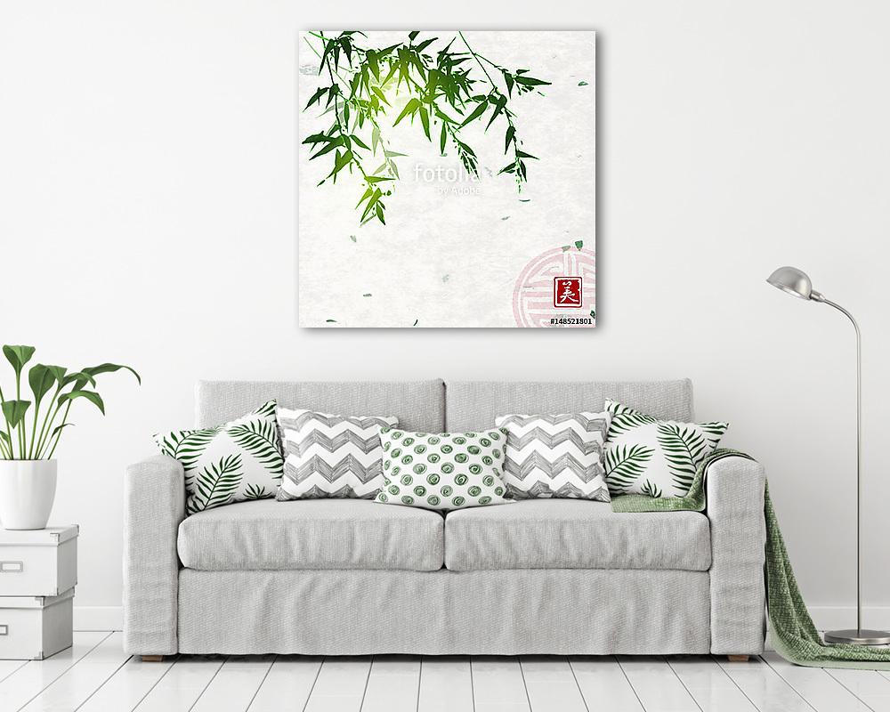 Zöld bambusz kézzel készített rizspapír háttérrel. Hagyományos o (keretezett kép) - vászonkép, falikép otthonra és irodába