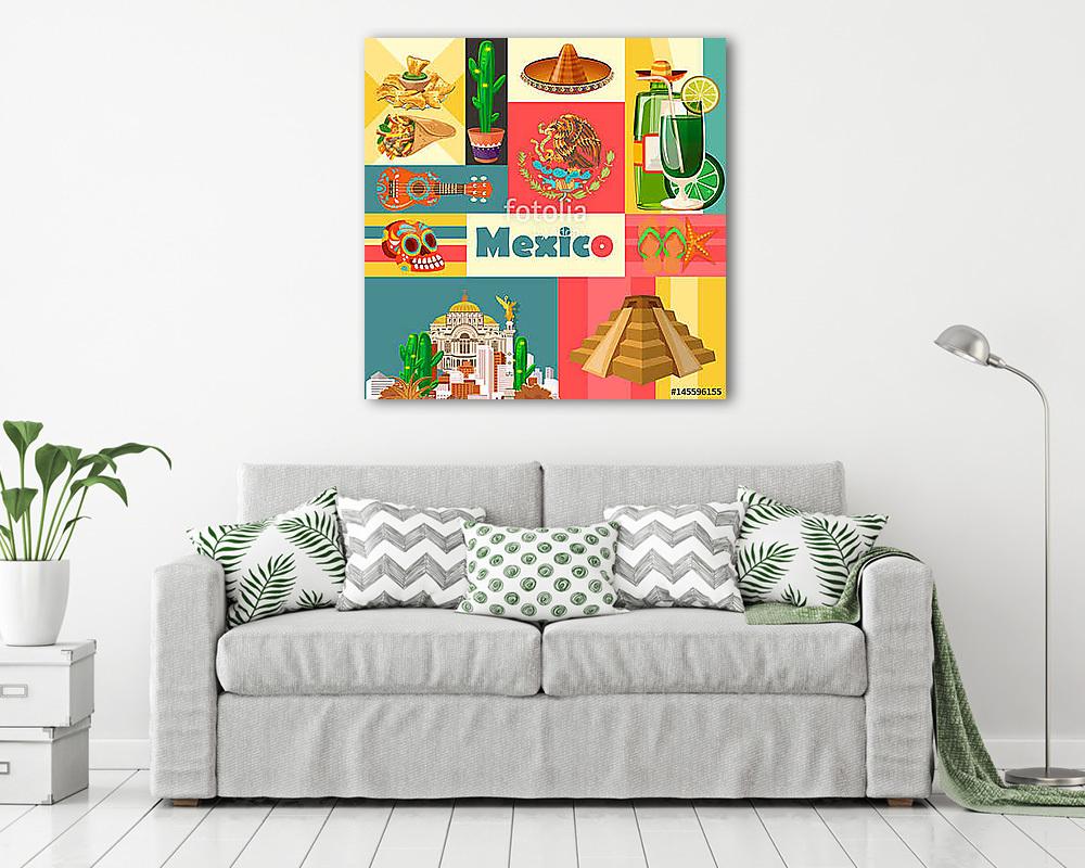 Vector színes kártya Mexikóról. Utazás plakát mexikói it (többrészes kép) - vászonkép, falikép otthonra és irodába