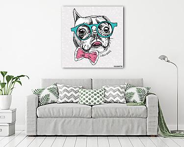 Portrait of a French Bulldog with glasses and tie. Vector illust (vászonkép) - vászonkép, falikép otthonra és irodába