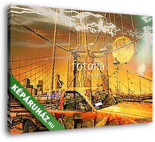 Yellow cab and the Brooklyn Bridge - vászonkép 3D látványterv