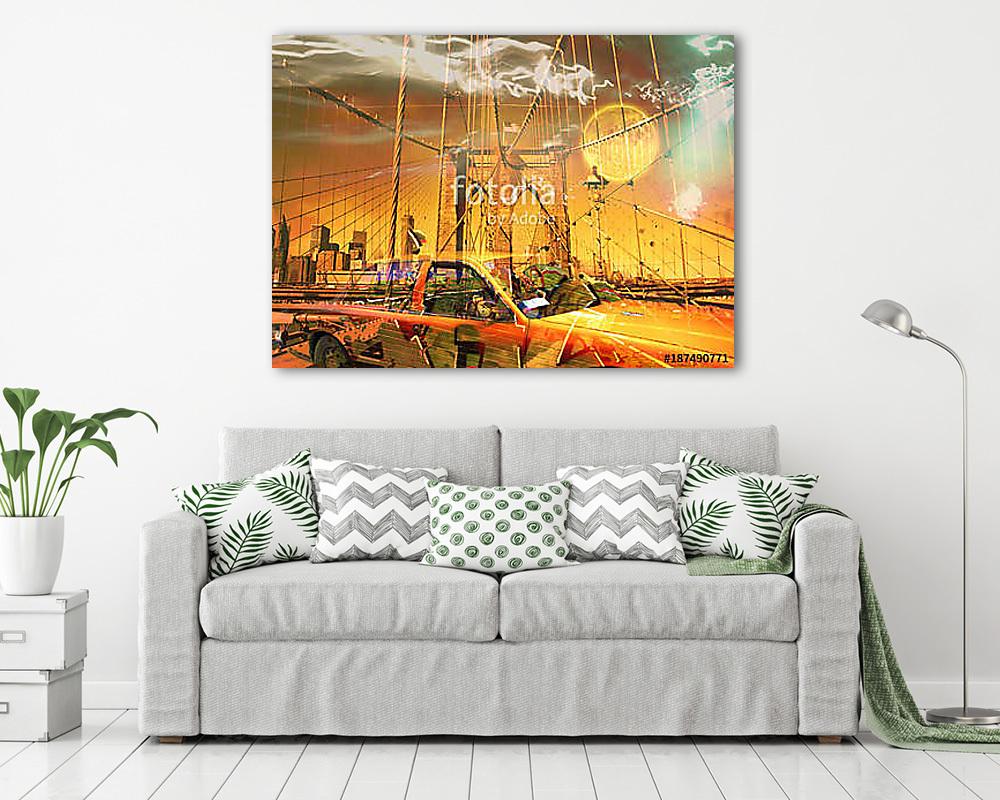 Yellow cab and the Brooklyn Bridge (fotótapéta) - vászonkép, falikép otthonra és irodába