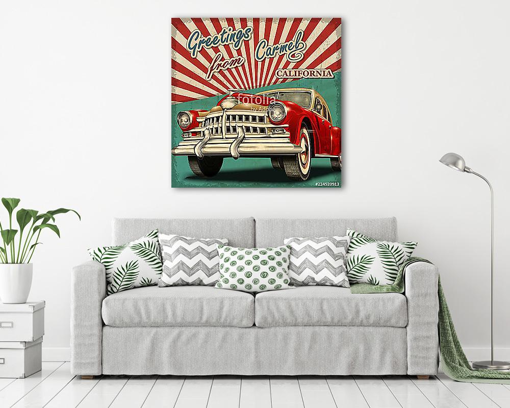 Vintage touristic greeting card with retro car.Carmel. California. (keretezett kép) - vászonkép, falikép otthonra és irodába