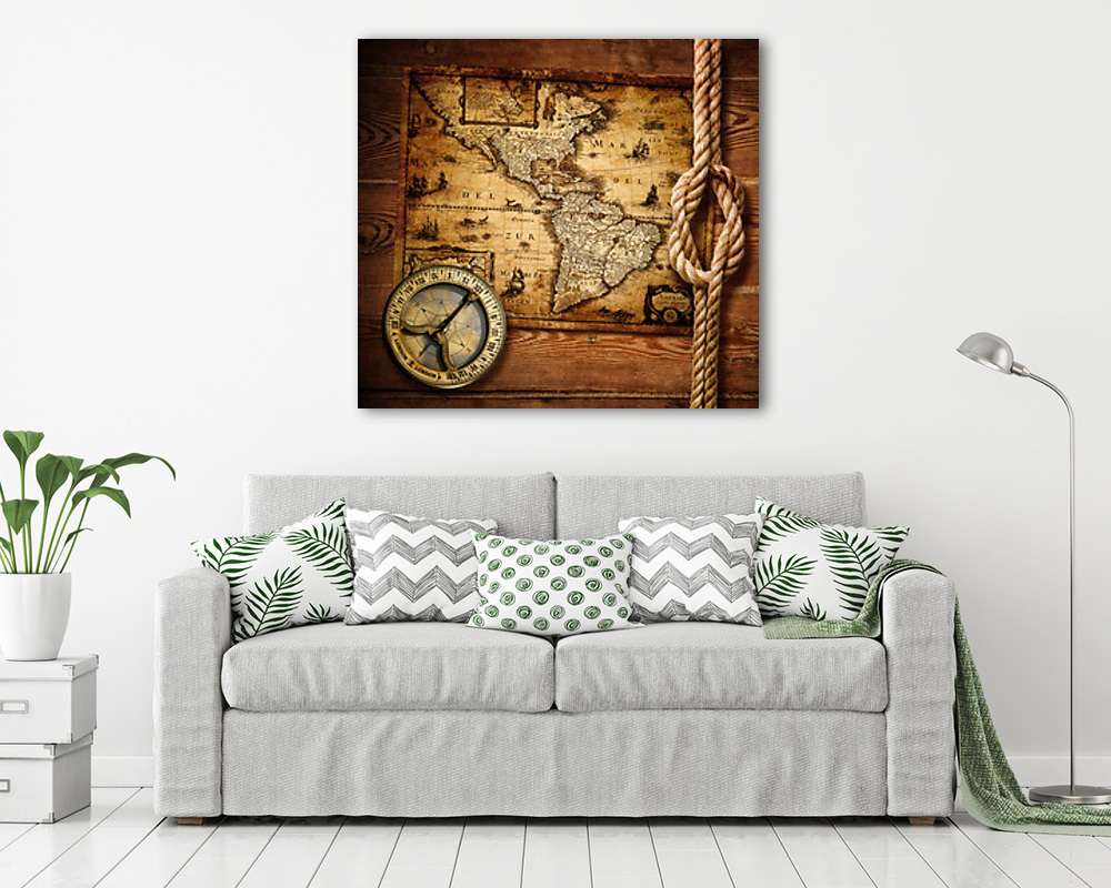 Tengerészcsomó és iránytű régi térképen (fotótapéta) - vászonkép, falikép otthonra és irodába