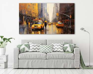 New York-i utca esben sárga taxikkal (festmény effekt) (vászonkép) - vászonkép, falikép otthonra és irodába