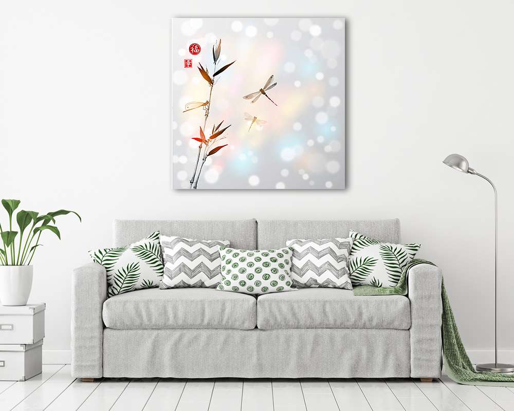 Bambusz ág és három szitakötõ  - vászonkép, falikép vásárlás Bambusz ág és három szitakötõ  (fotótapéta) - vászonkép, falikép otthonra és irodába