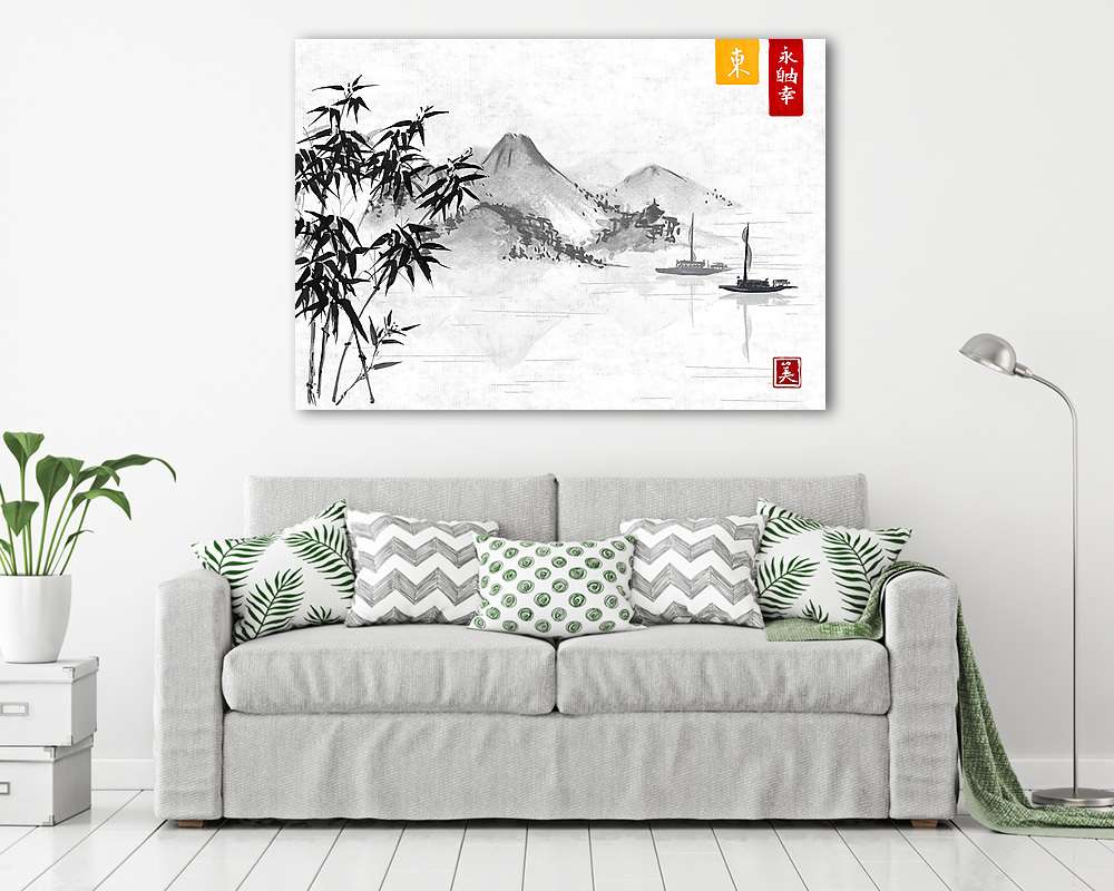 Halászcsónak és hegyek - vászonkép, falikép vásárlás Halászcsónak és hegyek (keretezett kép) - vászonkép, falikép otthonra és irodába