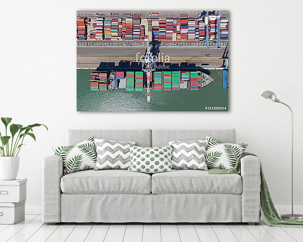 Kereskedelmi kikötő konténerekkel (légifotó) (keretezett kép) - vászonkép, falikép otthonra és irodába