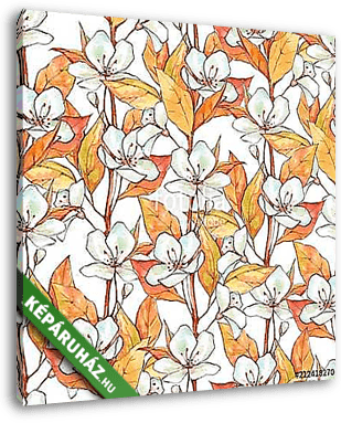 Seamless pattern with white flowers and yellow leaves. Floral ba - vászonkép 3D látványterv