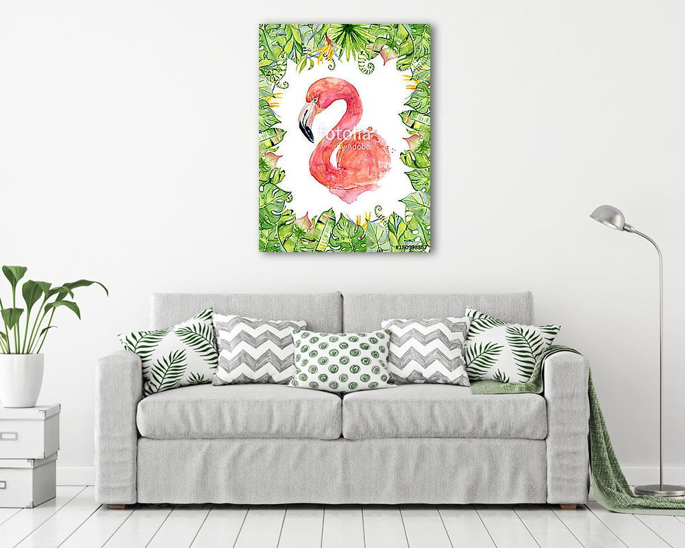 Pink flamingo watercolor hand drawn illustration in arrangement  (bögre) - vászonkép, falikép otthonra és irodába
