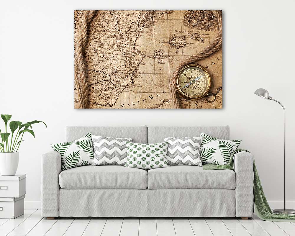 Baleári-szigetek régi térképe iránytűvel (keretezett kép) - vászonkép, falikép otthonra és irodába