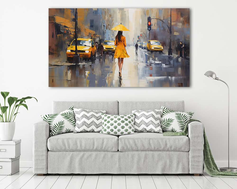 New York-i utca elegáns nővel esernyővel és sárga taxikkal (festmény effekt) (fotótapéta) - vászonkép, falikép otthonra és irodába