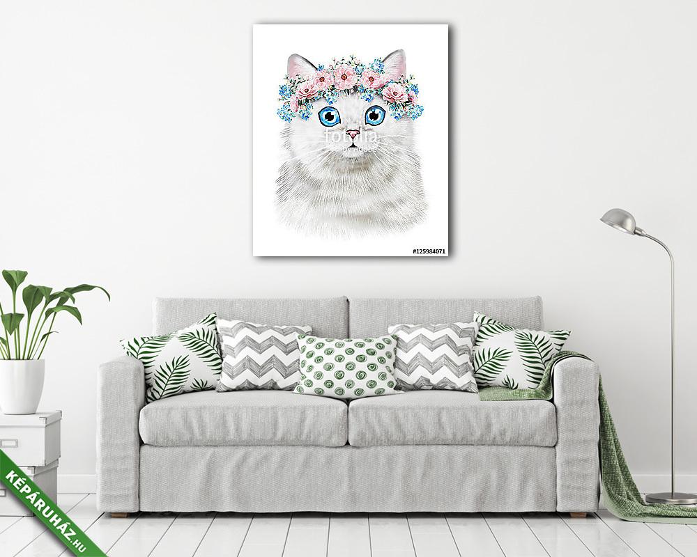 Aranyos macska illusztráció virágok virággal - vászonkép, falikép vásárlás Aranyos macska illusztráció virágok virággal (vászonkép) - vászonkép, falikép otthonra és irodába