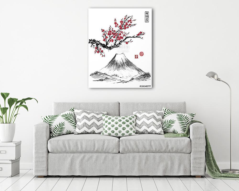 Oriental sakura cseresznyefa virágban és Fujiyama hegyen  - vászonkép, falikép vásárlás Oriental sakura cseresznyefa virágban és Fujiyama hegyen  (bögre) - vászonkép, falikép otthonra és irodába