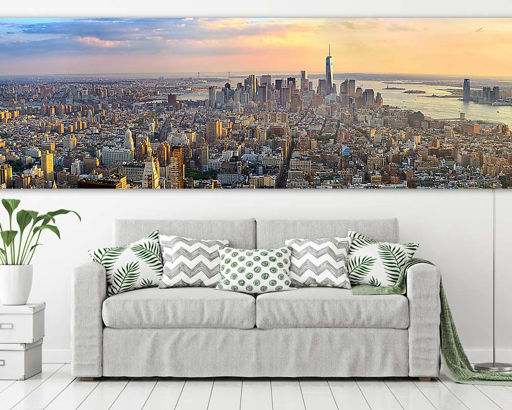 Manhattan panoráma a naplemente légi felvételen, New York, Egyes - vászonkép, falikép vásárlás Manhattan panoráma a naplemente légi felvételen, New York, Egyes (vászonkép) - vászonkép, falikép otthonra és irodába