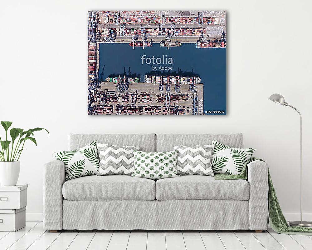 Kereskedelmi kikötő konténerhajókkal  (légifotó) (keretezett kép) - vászonkép, falikép otthonra és irodába